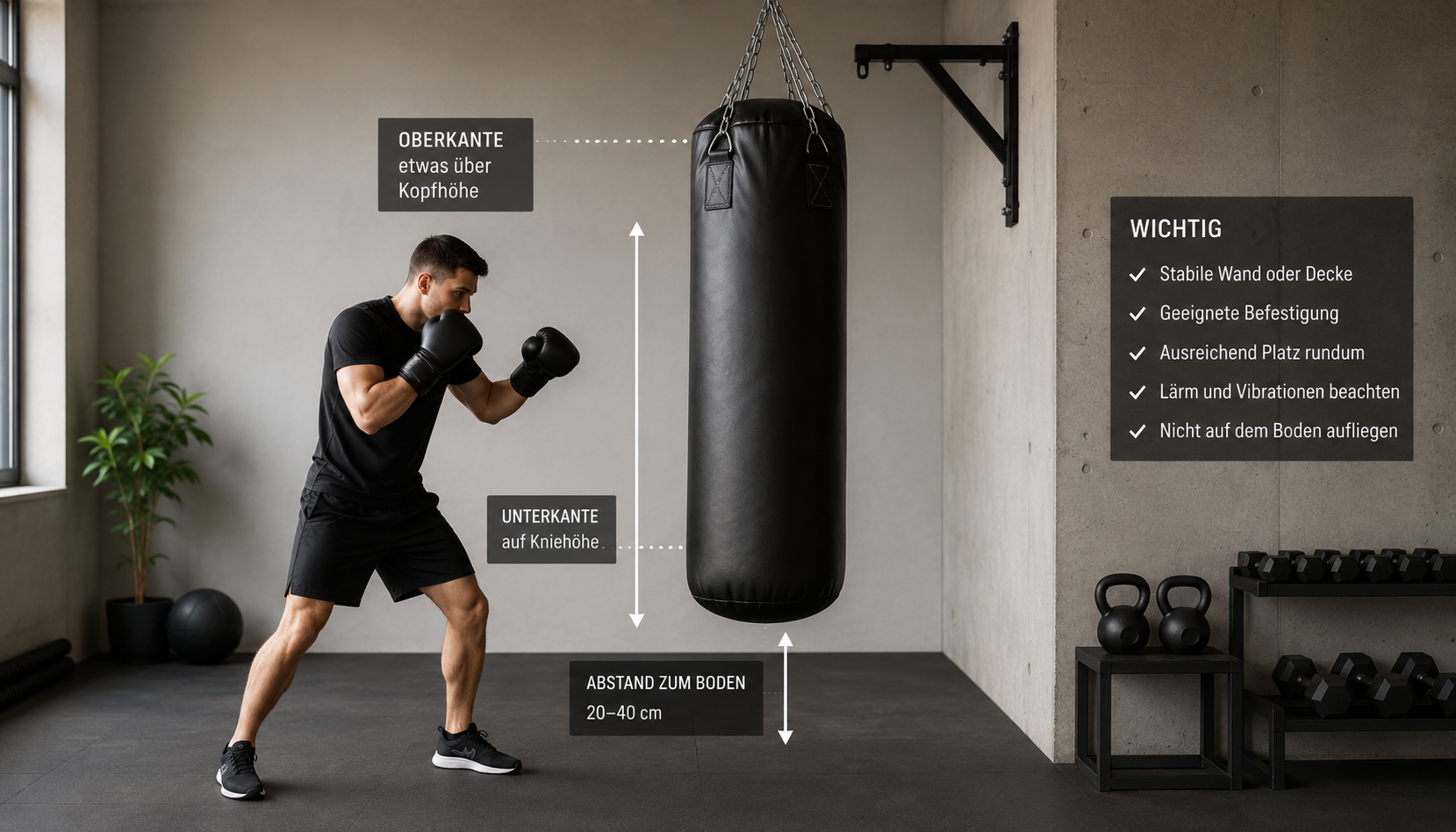 Wie hoch sollte ein Boxsack hängen? Höhe, Gewicht, Montage und Tipps für Zuhause